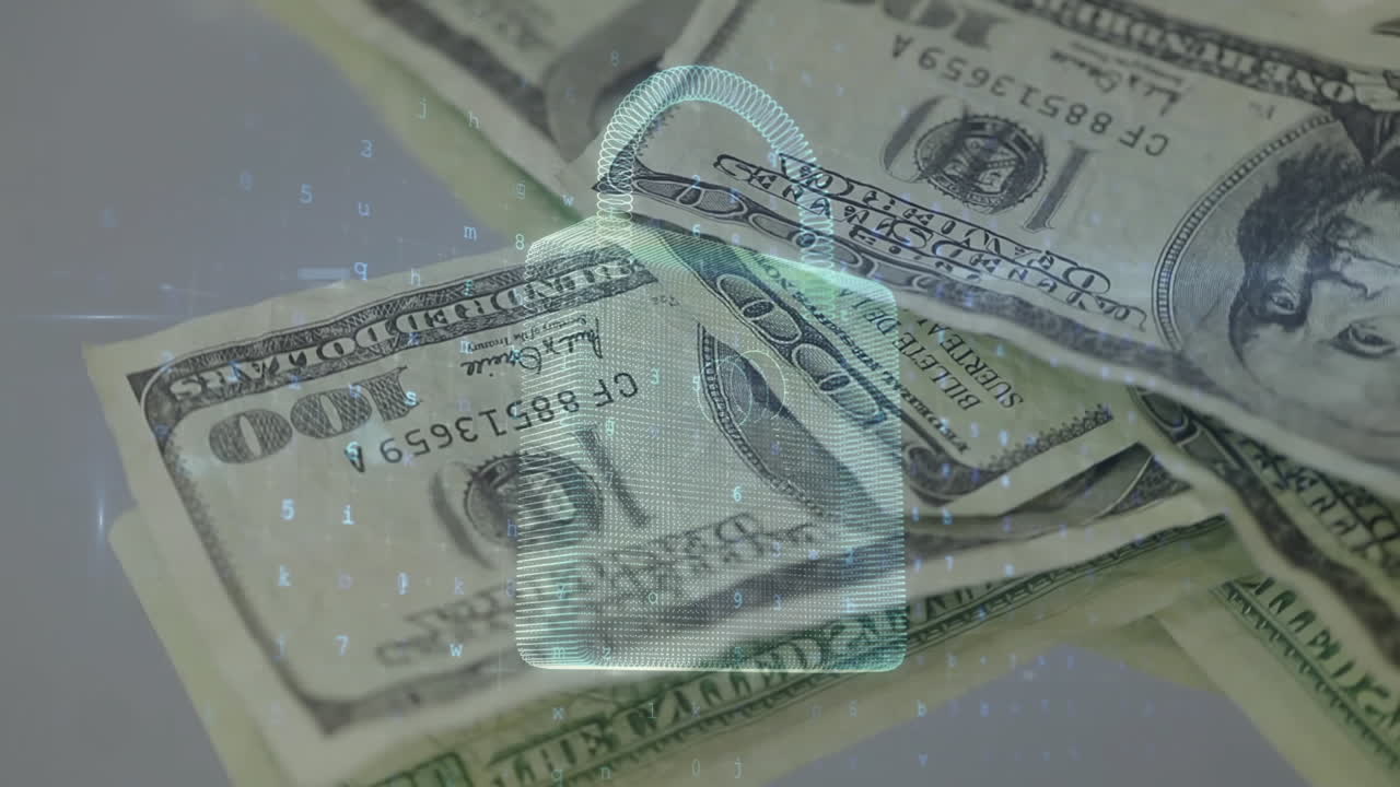 animación de números y candado de seguridad sobre billetes de dólar que caen