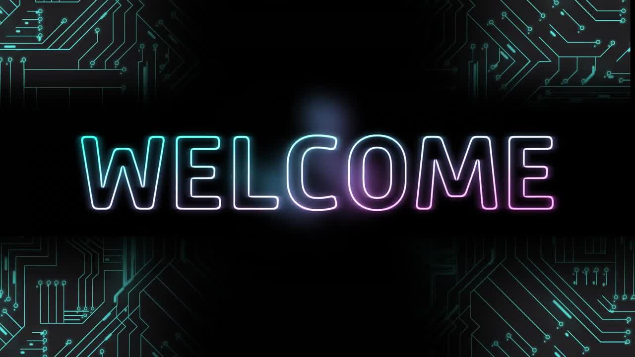 Animation of welcome text, data processing over computer circuit board