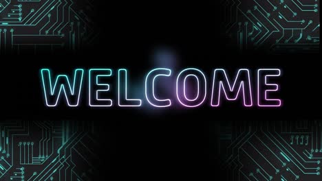 animation of welcome text, data processing over computer circuit board