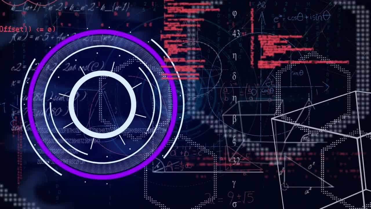 Animation of purple round scanner, data processing and geometric shapes against black background