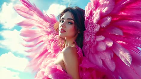 a woman in a pink dress with pink feathers on her wings