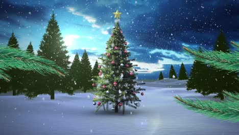 Animation-Von-Schnee,-Der-über-Den-Weihnachtsbaum-Und-Die-Winterlandschaft-Fällt