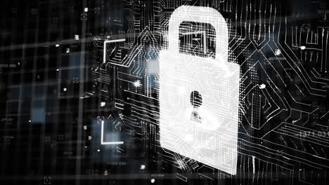 scope scanning security padlock icon against microprocessor connections