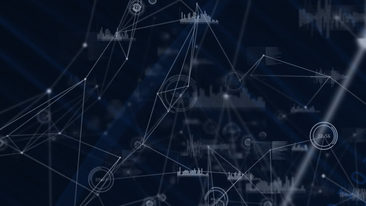Animation of networks of connections and data processing over black background