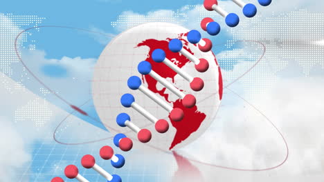 animation of shield around globe, dna helix and dots forming maps against cloudy sky