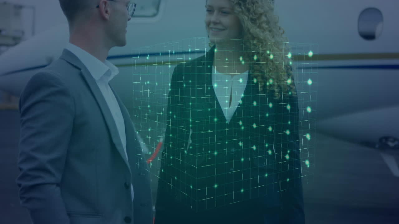 animación de la red de conexiones sobre los hombres de negocios caucásicos en el aeropuerto.