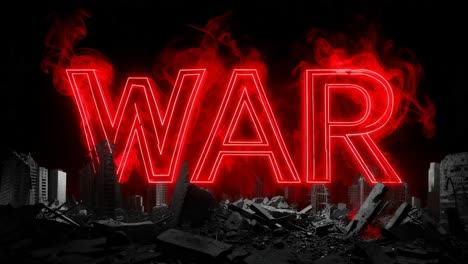 war scene - damaged city with red neon sign