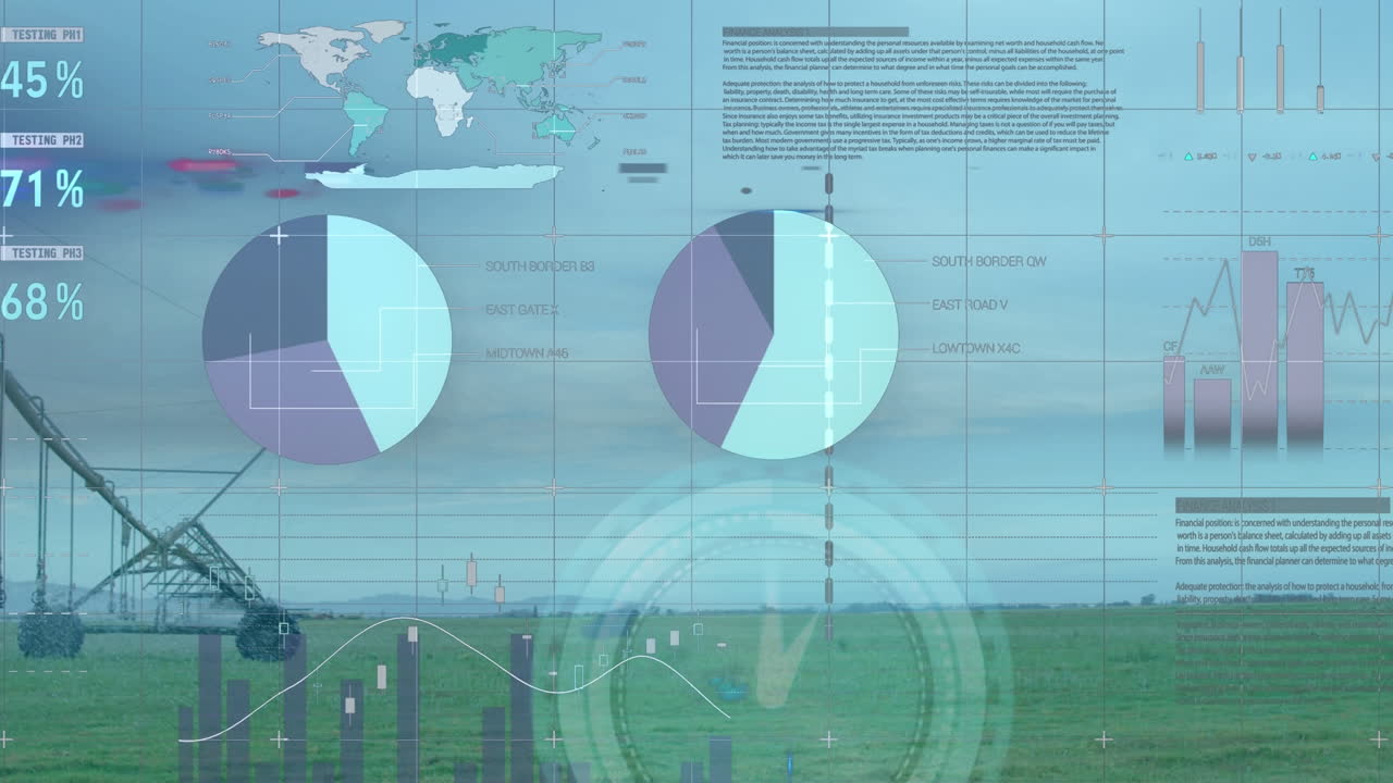 Animation of infographic interface with data, clock over view of lush landscape against clear sky