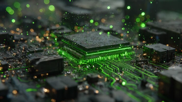 Nærbillede af et højteknologisk printkort med glødende grønne elementer og funklende effekter, der fremhæver detaljerne i moderne elektronik og innovation
