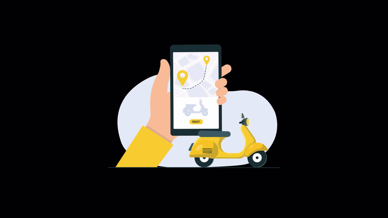 Mano animata che noleggia uno scooter tramite app mobile con navigazione su mappa.