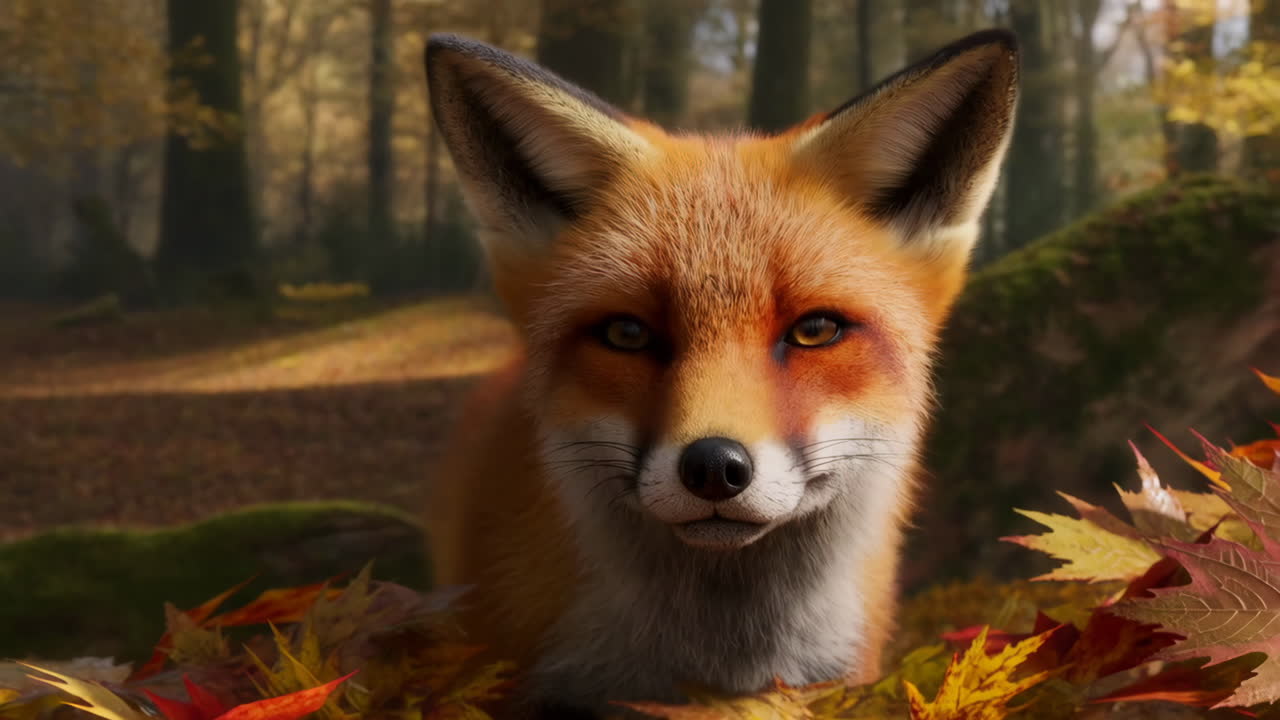 A fox in an autumn forest surrounded by colorful leaves