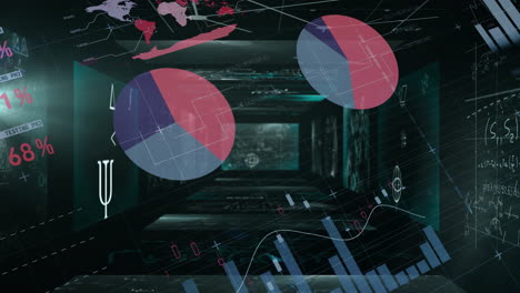 graphs and pie charts animation over dark hallway with data projections