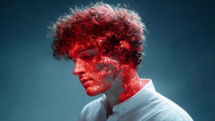 Un ritratto affascinante di un giovane uomo, che fonde realtà e immaginazione, mentre vibranti elementi rossi emergono dalla sua testa, raffigurando profondità creativa e intricate emozioni
