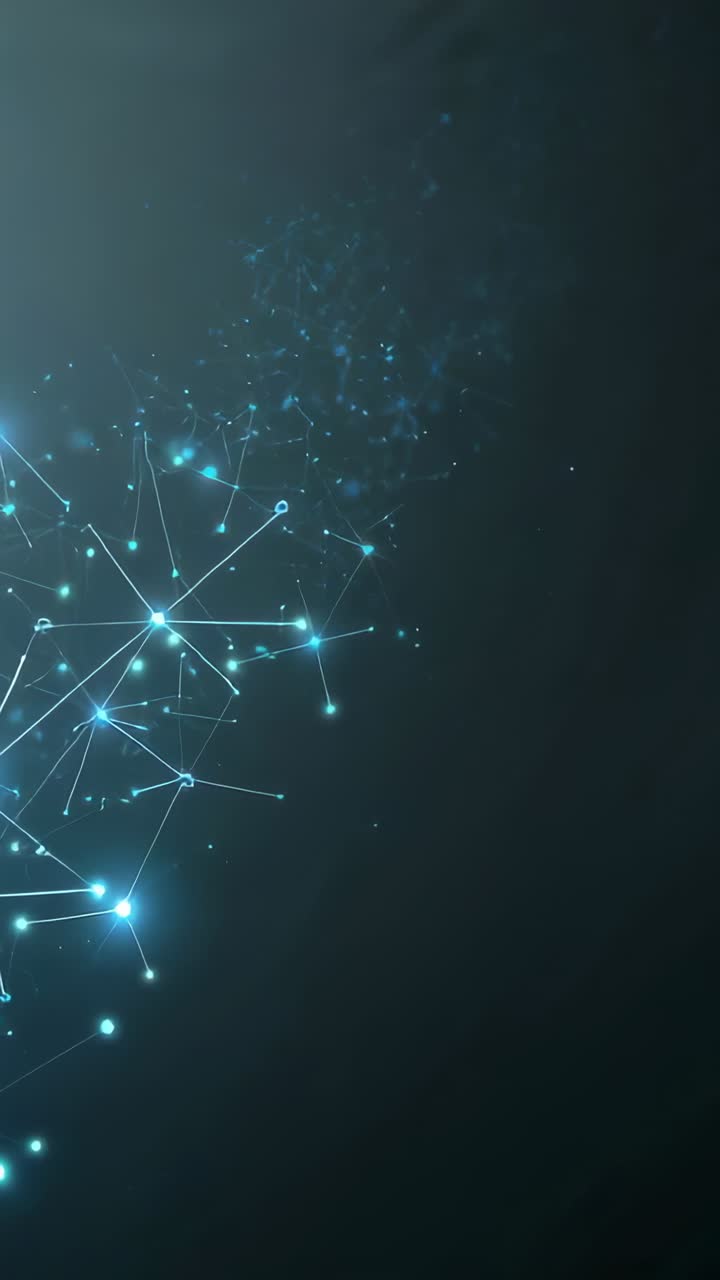 Vertical video: Emerging nodes forming cluster in digital space, with lines and sparks, copy space