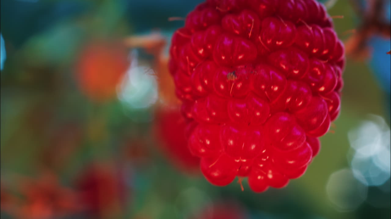 Close up of a vibrant red raspberry in natural sunlight with a blurred background