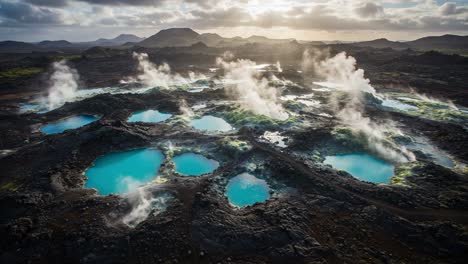 breathtaking aerial view of geothermal pools amidst spectacular lava fields: a natural wonder in harmony with the surrounding landscape