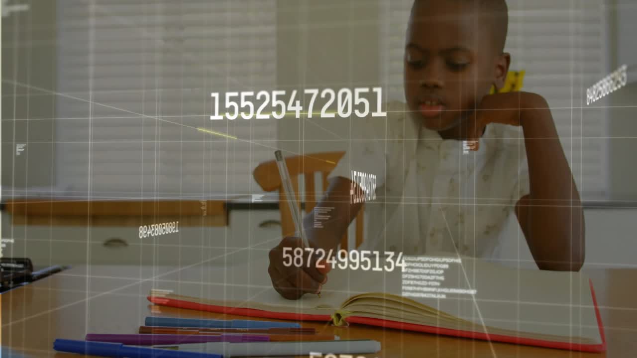 Schoolboy generating holographic data streams while writing at kitchen table for learning insights