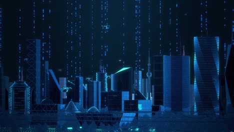 futuristic city concept. wide shot of an animated modern urban megapolis with rendered skyscrapers showing global big data connections, information flow and artificial intelligence technology.