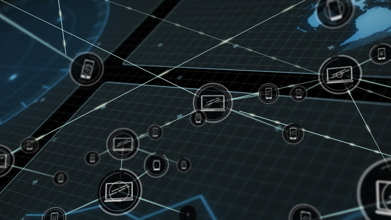 Animation of data processing and network of connections over black background