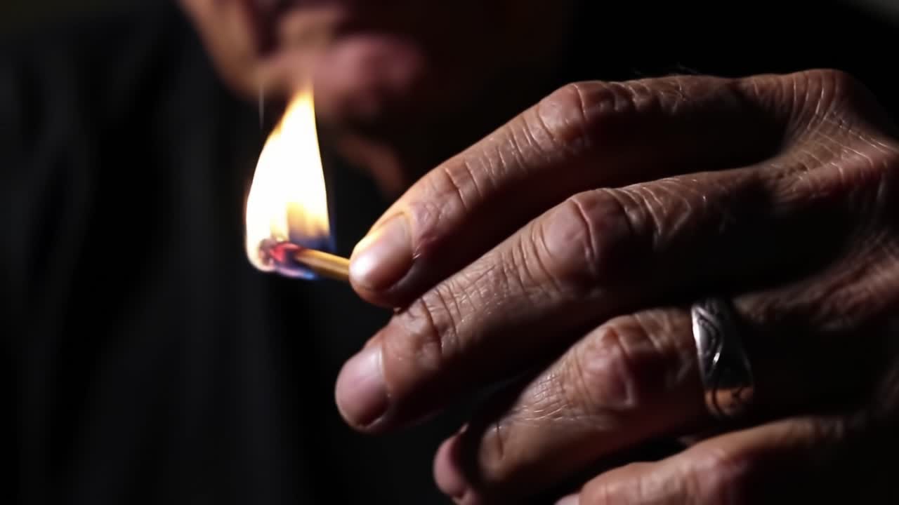 A Close-Up of a Hand Holding a Matchstick as It Lights Up, Capturing the Intense Moment of Ignition and the Dance of the Flame in the Darkness