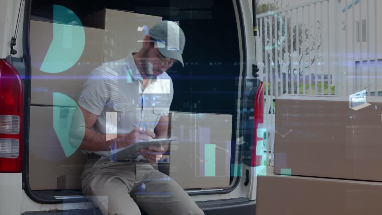 animación de estadísticas y procesamiento de datos sobre el repartidor con el clipboard en la furgoneta