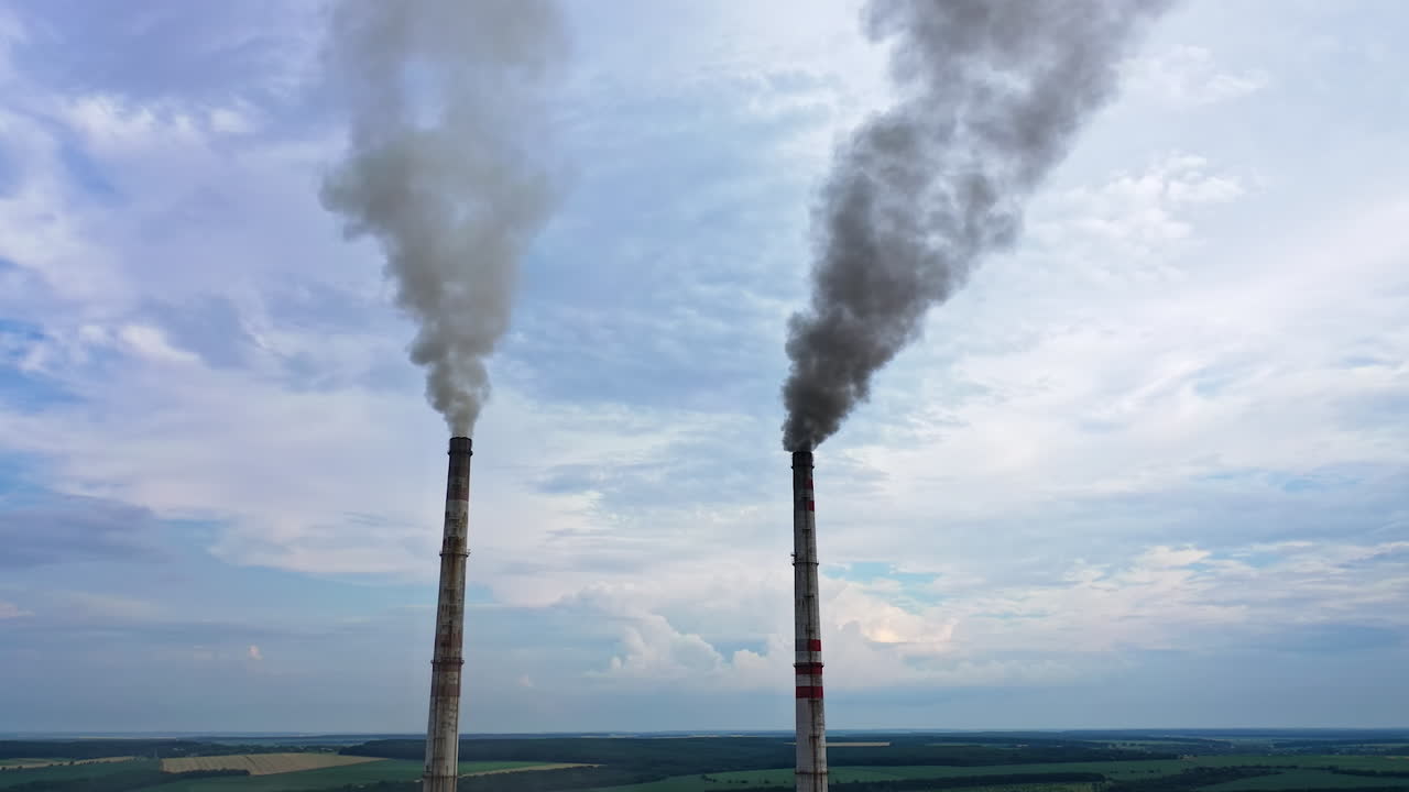 Industrial factory pipes emission gas and smoke. Chimneys with harmful fumes on sky background. Concept of ecology crisis and atmosphere pollution.