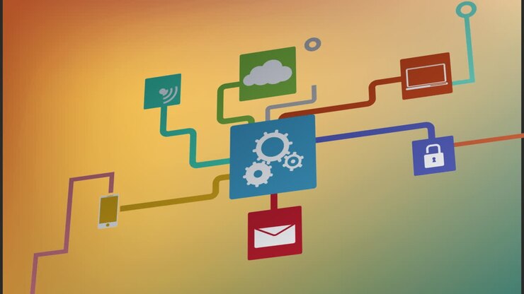 Animation af digitalt infografisk rutediagram med computerikoner, der bevæger sig mod farvet baggrund
