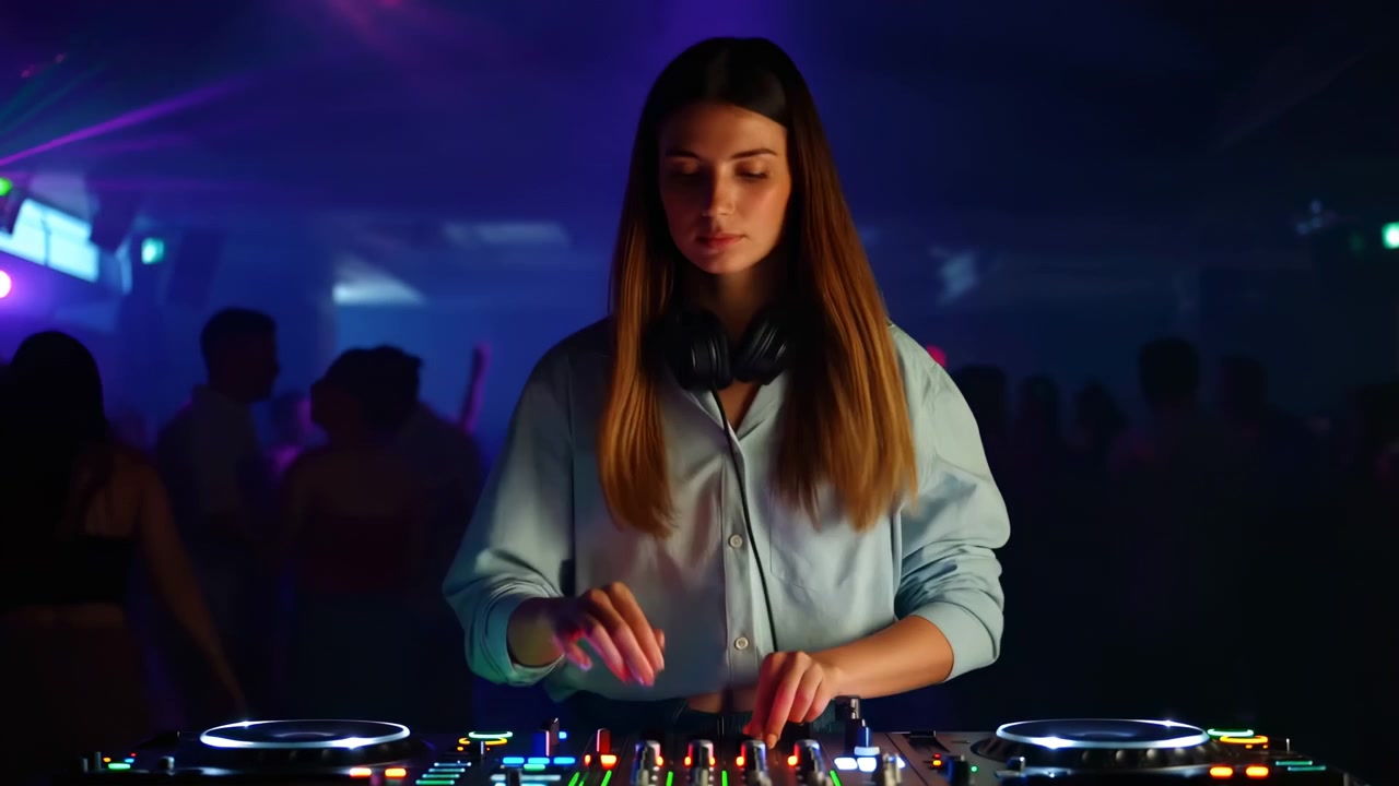 DJ donna al centro di un nightclub buio che aziona un mixer illuminato e giradischi, con cuffie over-ear al collo, occhi abbassati in concentrazione, mani che regolano fader e manopole tra luci blu e viola.