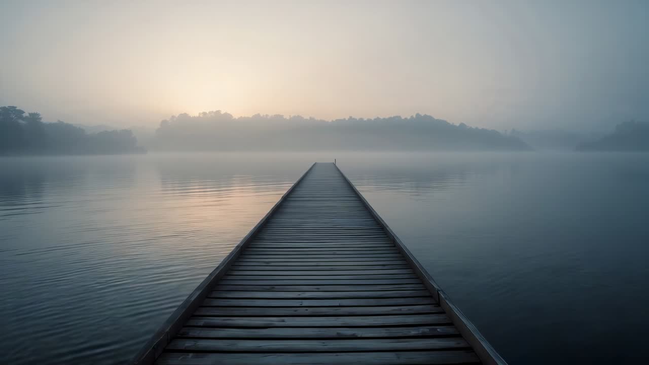 Intensifying sunrise light revealing drifting fog, rippling water and distant trees at wooden dock