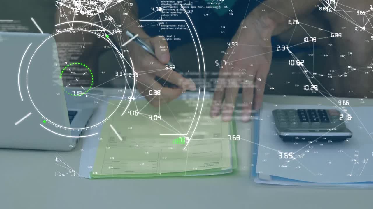 가정에서 재정을 계산하는 사람의 중간 섹션에 대한 연결 네트워크의 애니메이션