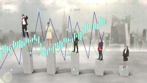 animación del procesamiento de datos financieros en diversos empresarios y paisajes urbanos