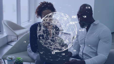 animation of globe with network of connections over diverse business people