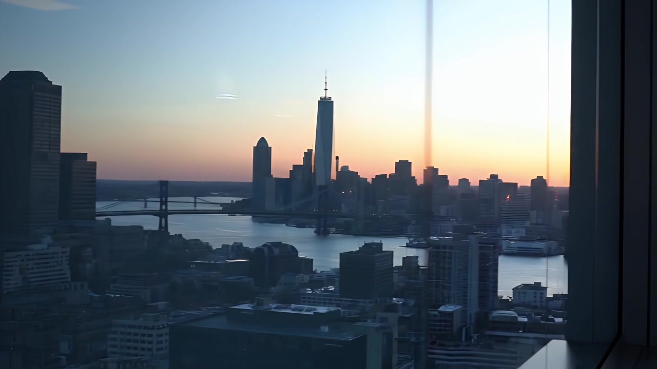 Cambio de enfoque del horizonte de la ciudad de Nueva York al atardecer