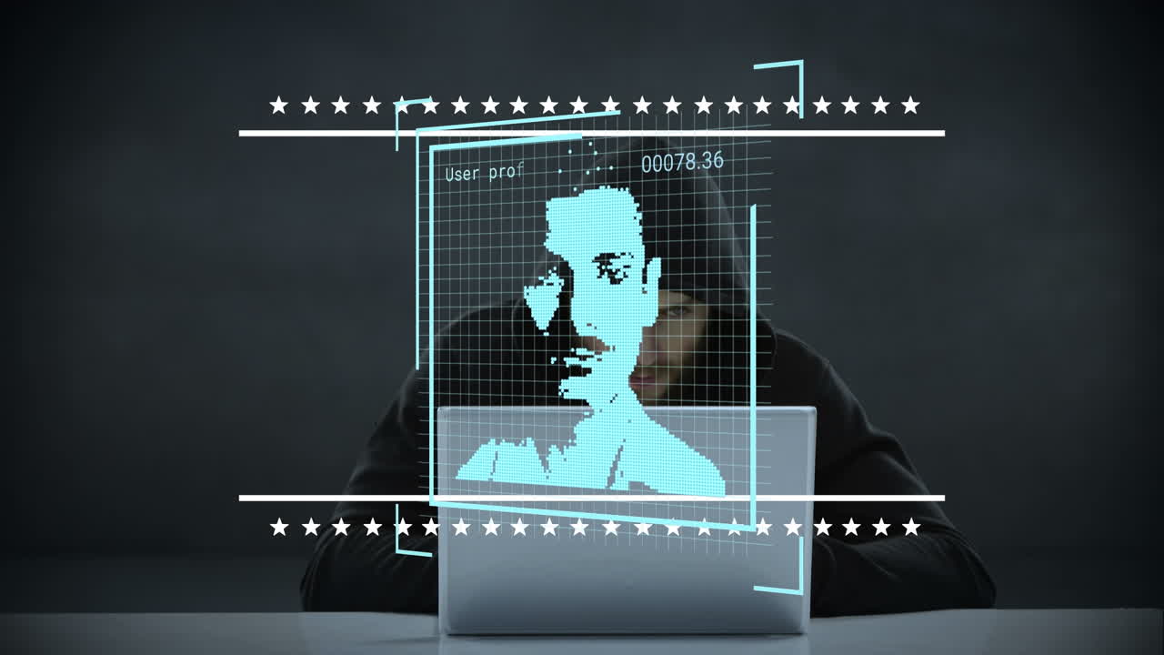 múltiples iconos de perfiles cambiantes con procesamiento de datos contra un hacker masculino caucásico que usa una computadora portátil