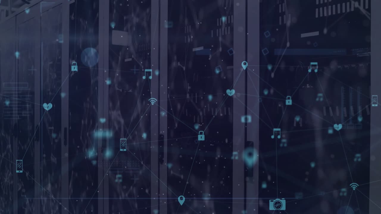 Animazione di una rete di connessioni con icone su server di computer