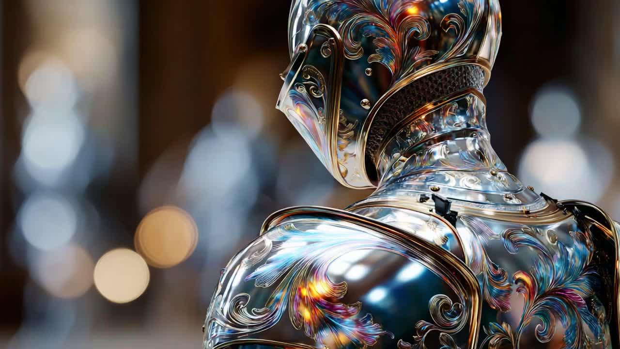 A Stunning and Intricate Robotic Knight Figure Reflects Elegance and Modern Craftsmanship, Showcasing Detailed Patterns and a Unique Design in a Vibrant Environment