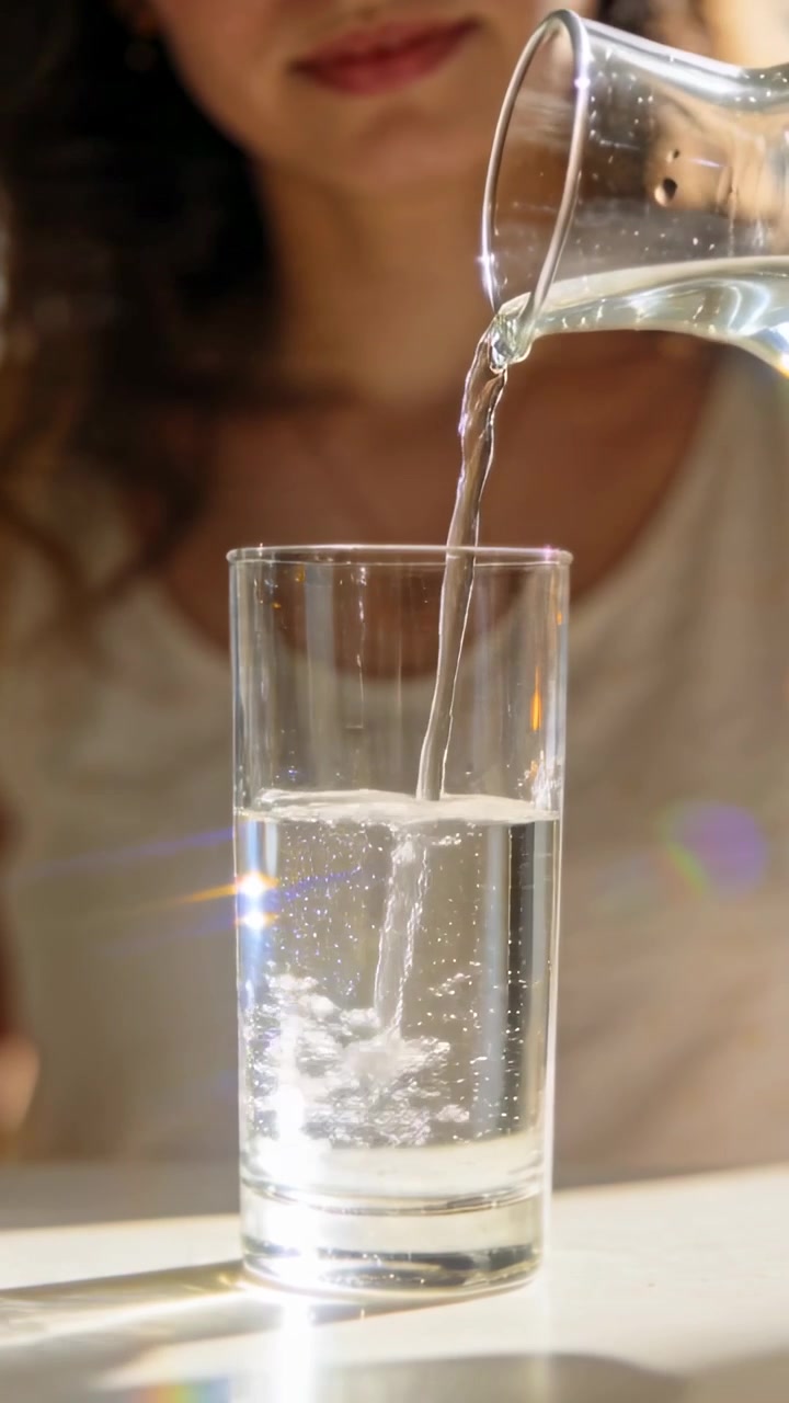 Vertikales Video: Frau im Tanktop hebt Krug an und füllt zu Hause ein Glas zum Trinken.