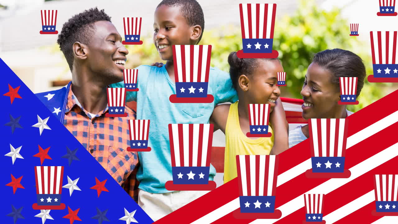 Animation of family smiling and hats coloured with american flag