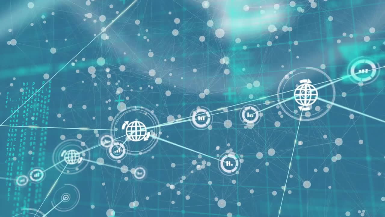 Animation of network of connections with icons and data processing on blue background