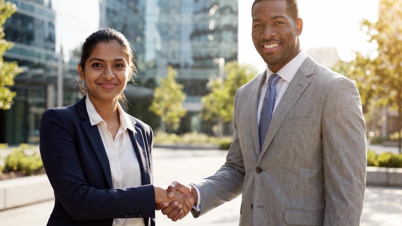 Professional Interaction in an Urban Setting: A Dynamic Exchange Between Two Colleagues Smiling and Engaging with Each Other Amidst Modern Architecture