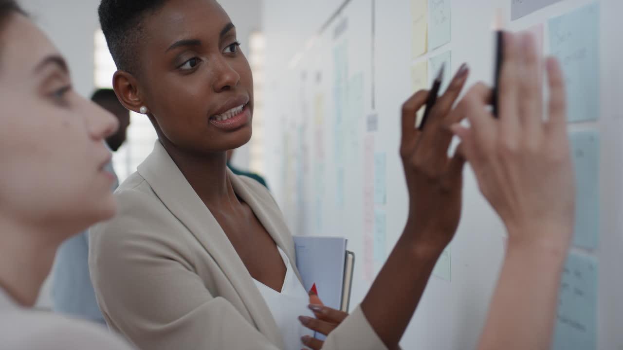 corporate business people meeting using sticky notes brainstorming african american team leader woman sharing problem solving strategy on whiteboard working on solution for project deadline