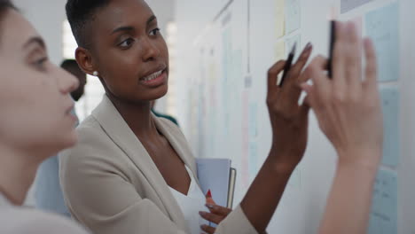 corporate business people meeting using sticky notes brainstorming african american team leader woman sharing problem solving strategy on whiteboard working on solution for project deadline