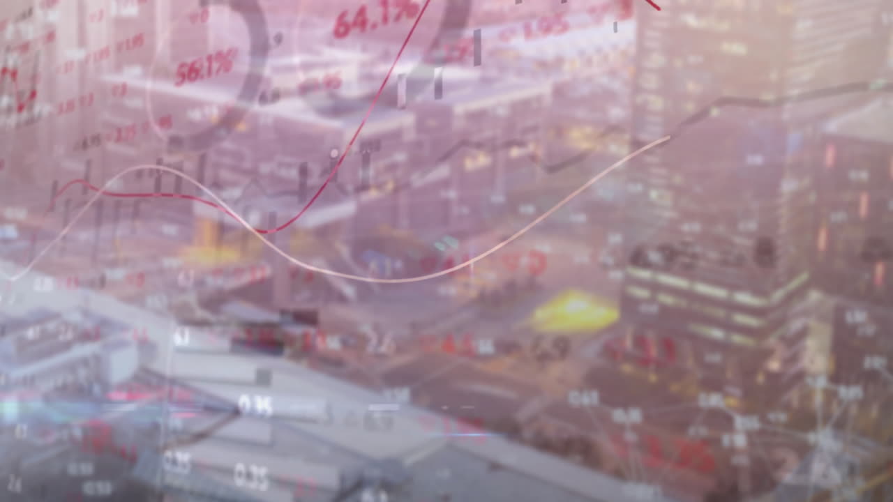 도시 풍경 위의 금융 데이터 처리 애니메이션