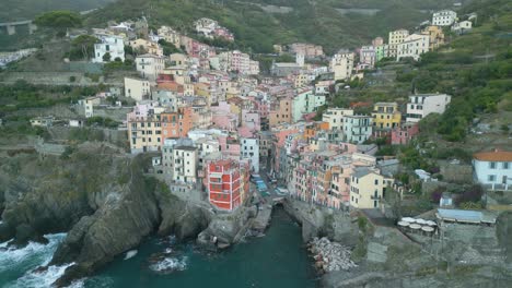 aerial pullback reveals riomaggiore in cinque terre, italy