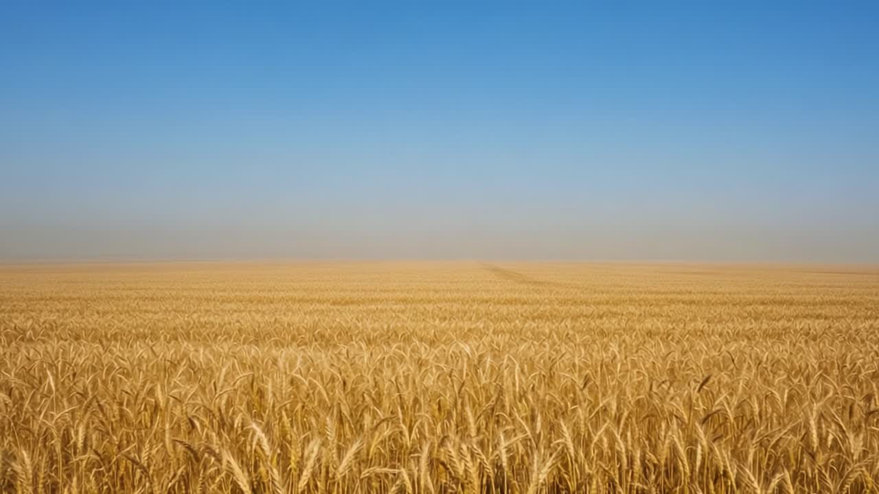 Expansive Golden Wheat Field Under a Clear Blue Sky, Capturing the Endless Horizon of Nature's Bounty and Agricultural Beauty in Full Bloom
