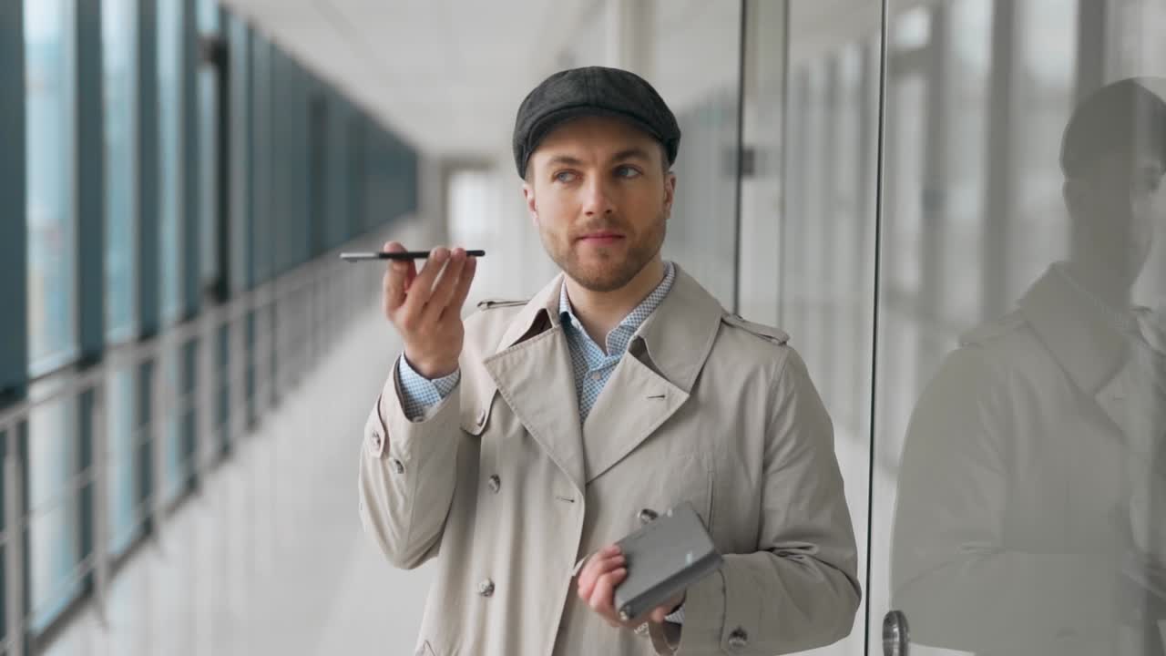 Solid adult man talking on the phone while standing in the hallway
