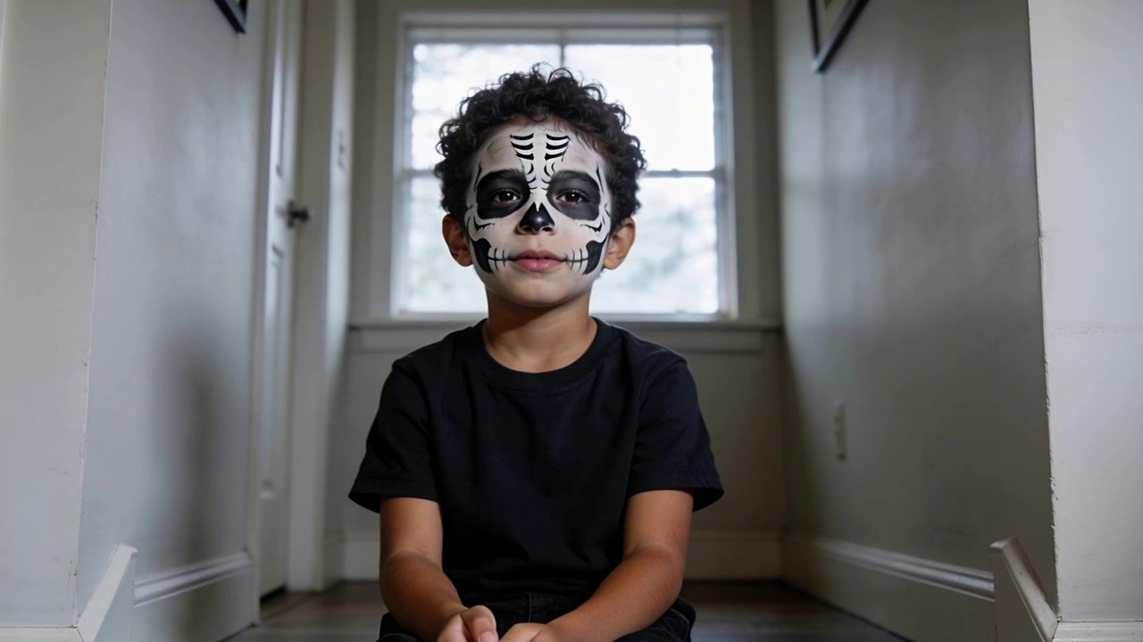 Niño pequeño con maquillaje de calavera de azúcar sentado en interiores