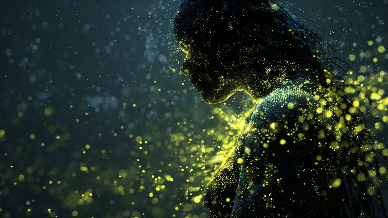 Spiritual silhouette of a person made of glowing particles dissolving into a dark, abstract background, symbolizing concepts of life, soul, meditation, death, and technological singularity