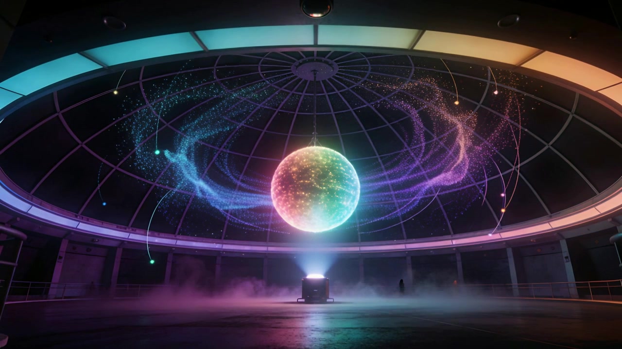 Emitting projector beam, unit producing hovering colorful orb in circular dome, with fog particles