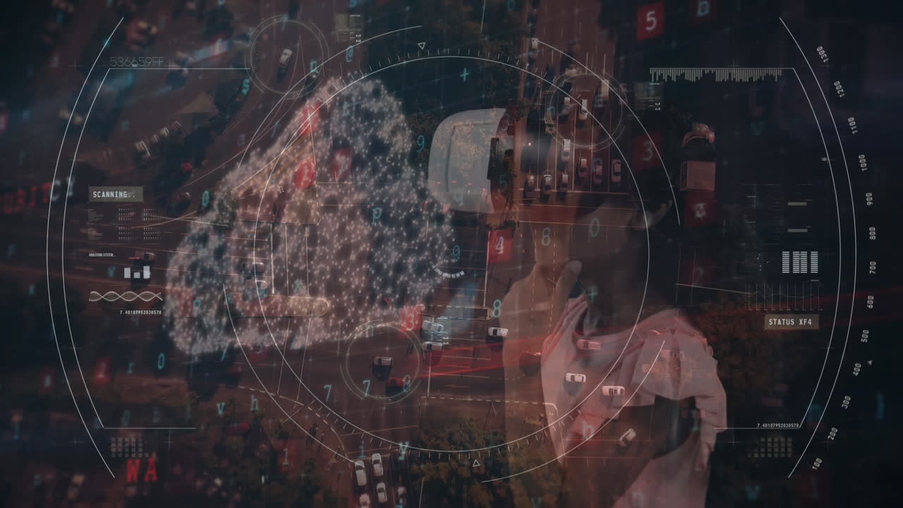 animación del procesamiento de datos financieros sobre una niña que lleva auriculares vr